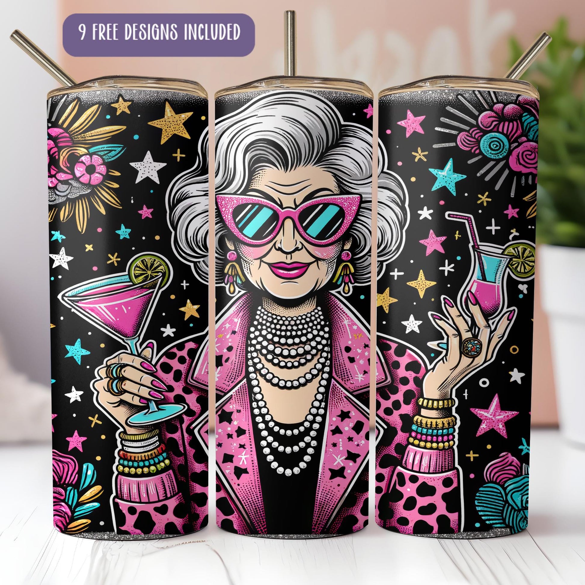 a set of three cans with a picture of an old woman holding a cocktail glass