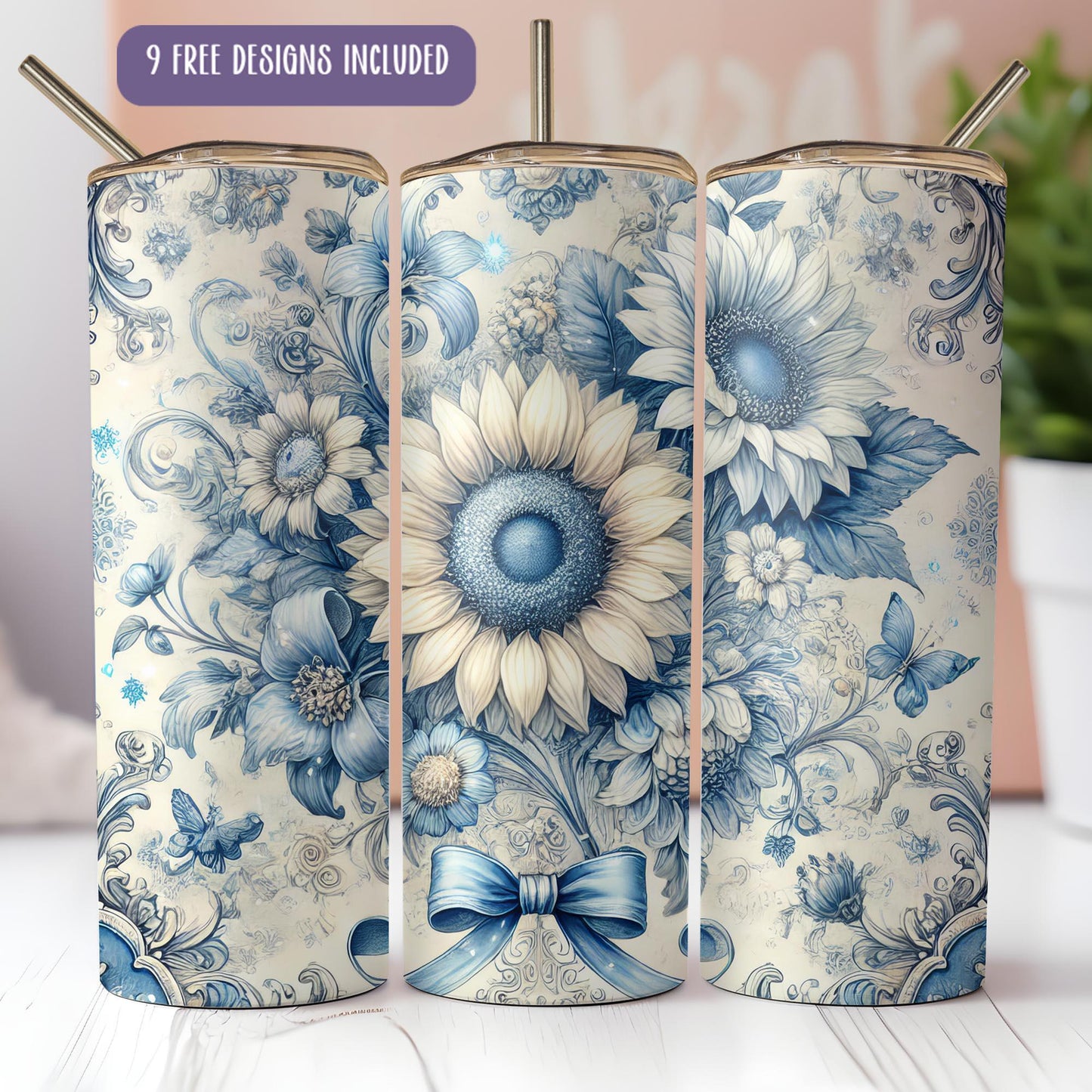 three blue and white vases with flowers on them