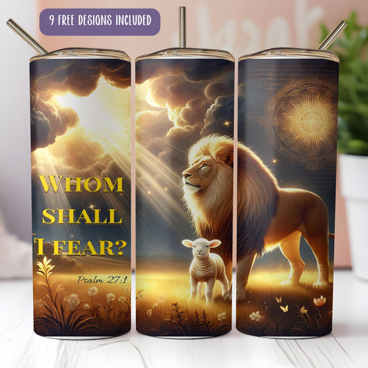 a pair of tumblers with a lion and lamb on them