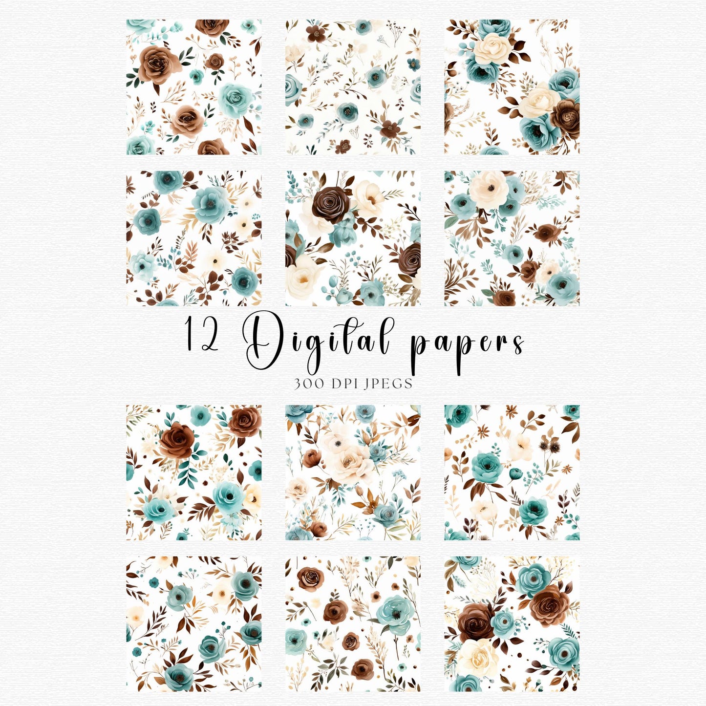 Papeles digitales florales en tonos verde azulado y marrón chocolate