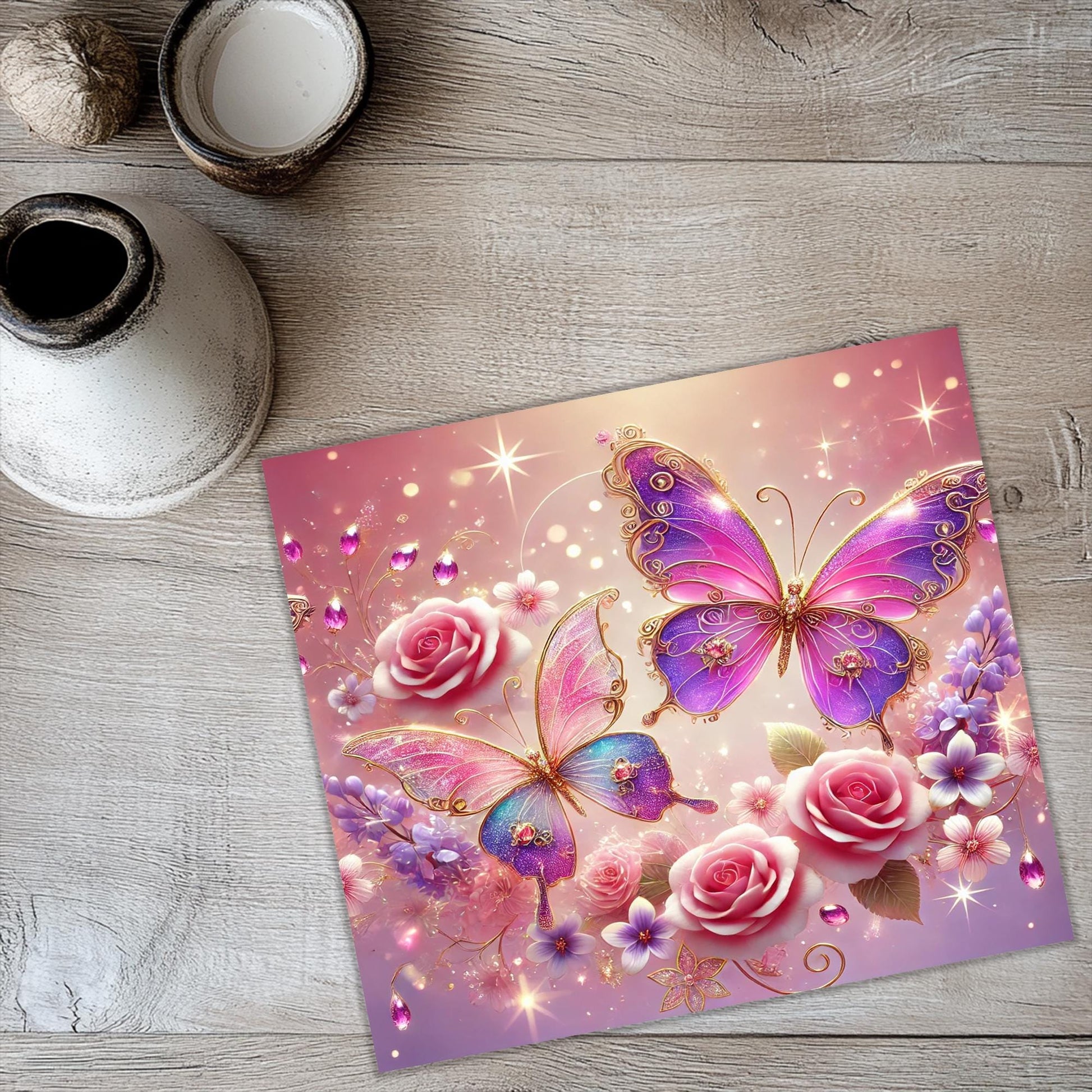 a painting of pink roses and butterflies on a pink background