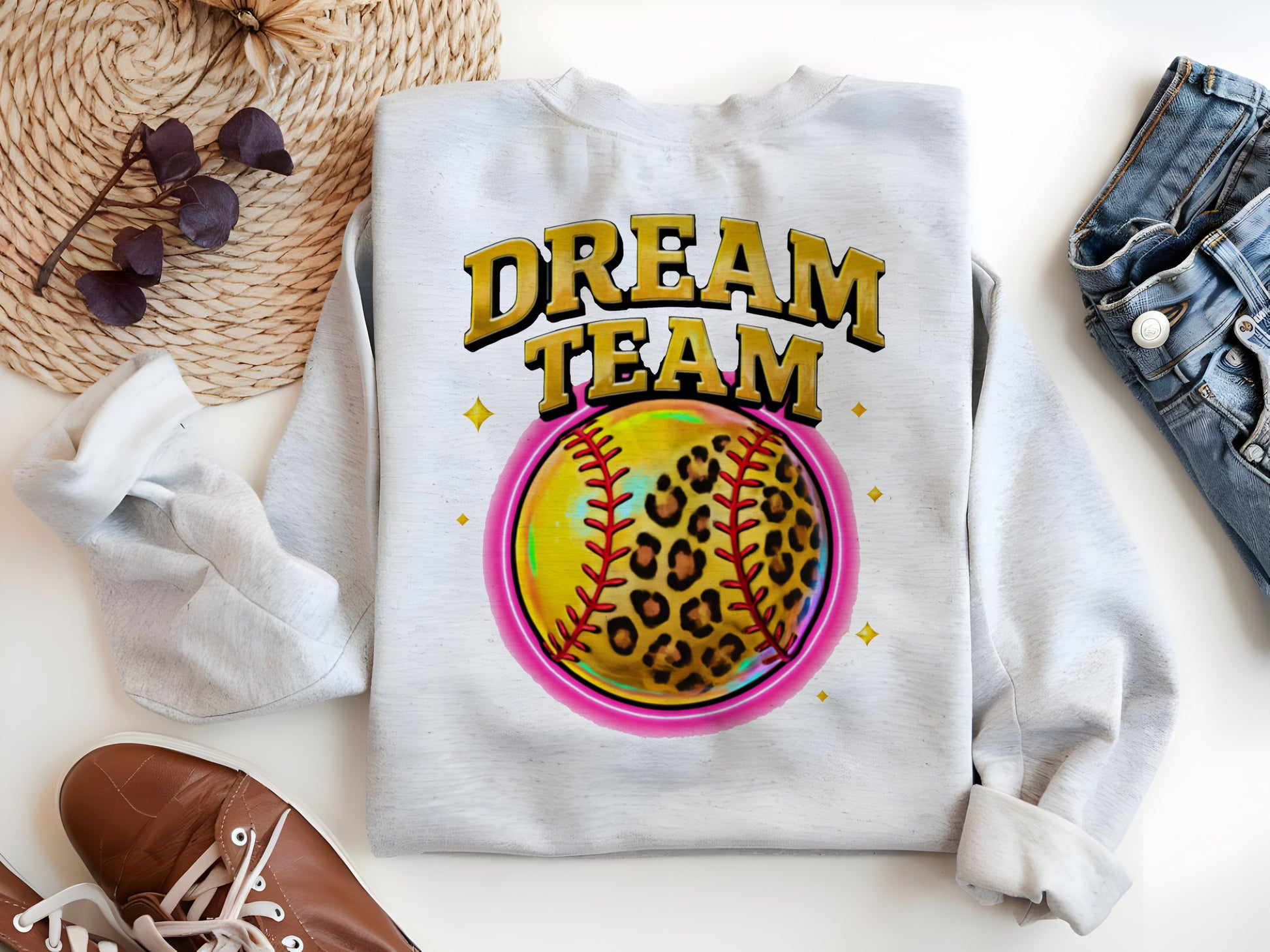 a white sweatshirt with a baseball and leopard print on it