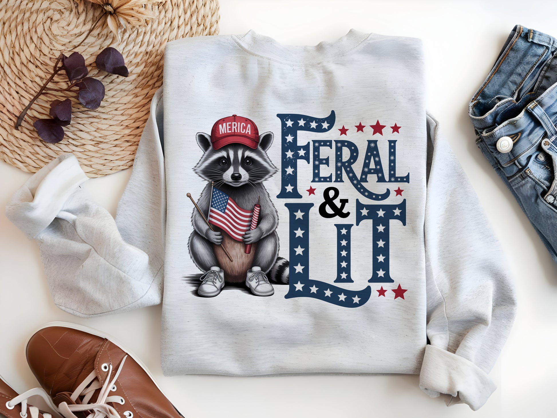 a white shirt with a raccoon wearing a red, white, and blue