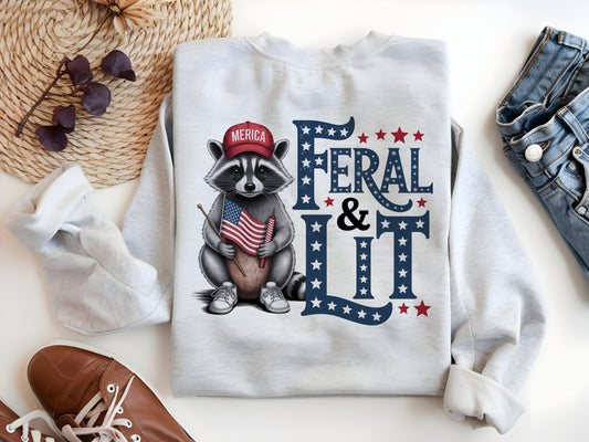 a white shirt with a raccoon wearing a red, white, and blue