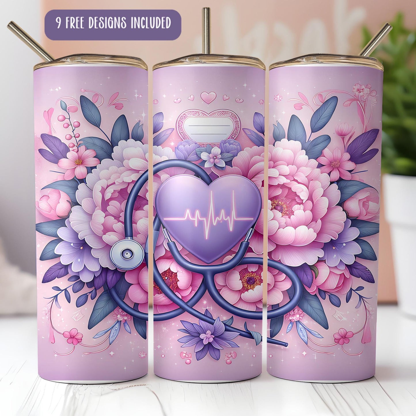 a set of three pink medical tumbles with a heart and a stethos