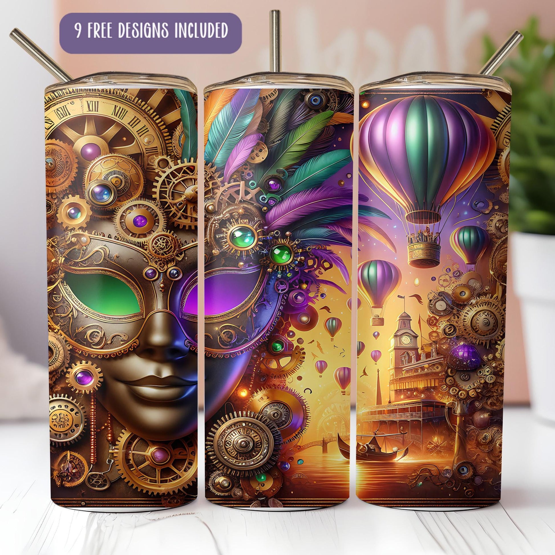 a set of three colorful suitcases with a woman&#39;s face painted on them