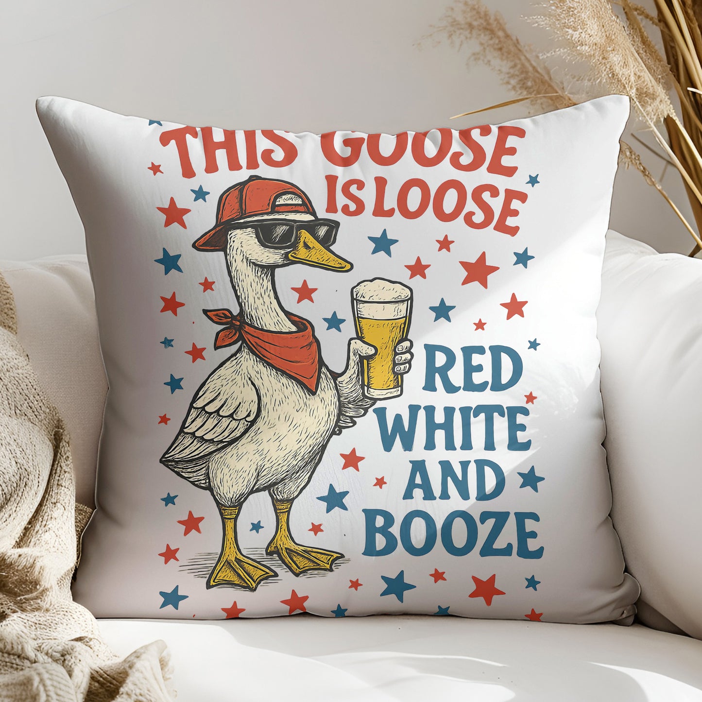 a pillow with a duck wearing a hat and holding a glass of beer