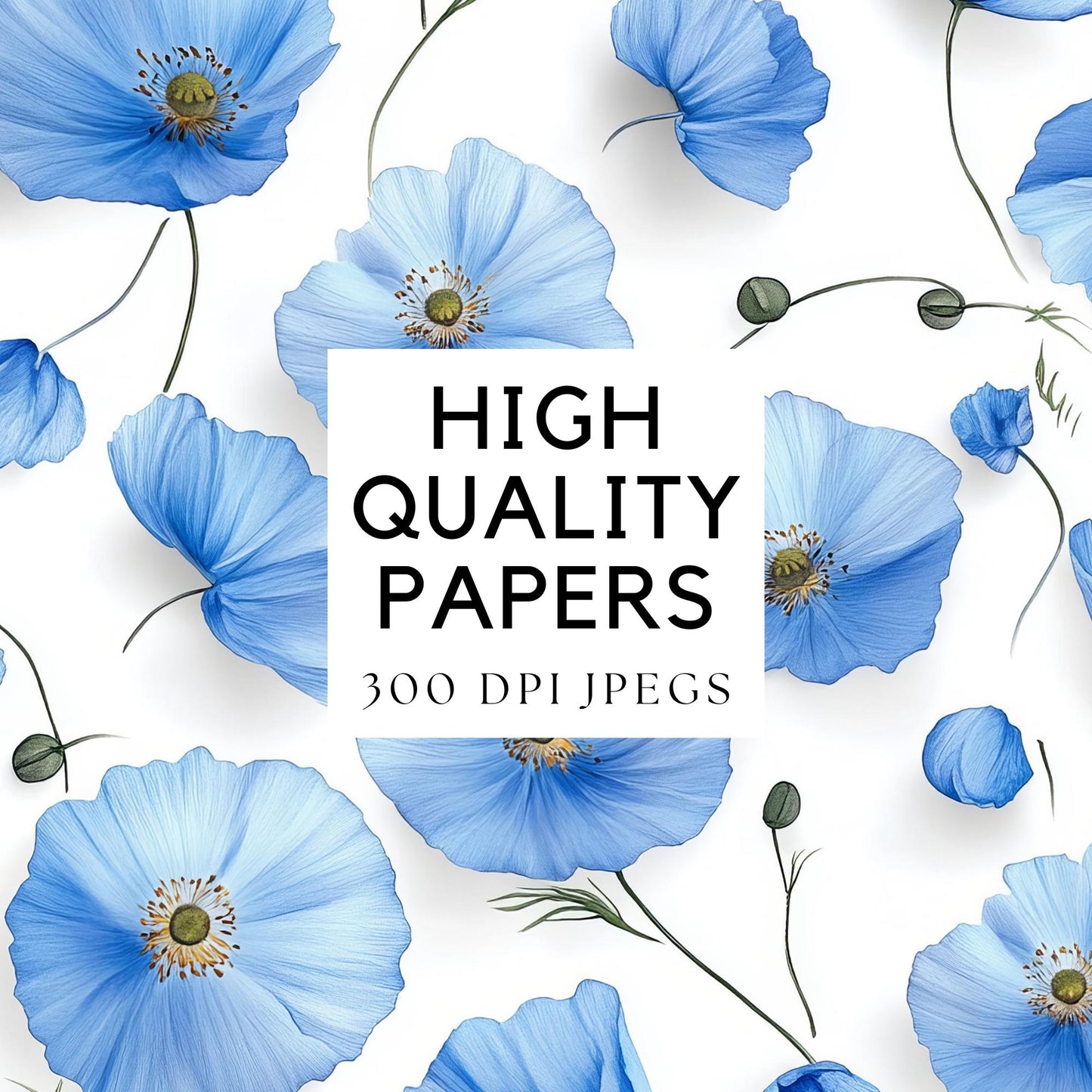 Watercolor Blue Poppy Digital Papers