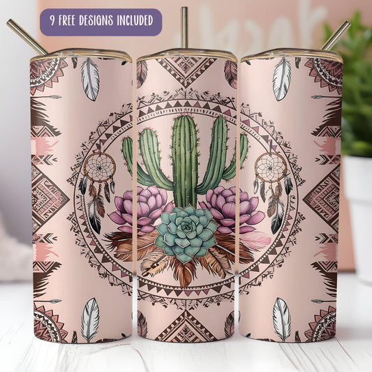 a set of three pink tumblers with a cactus and succulents on