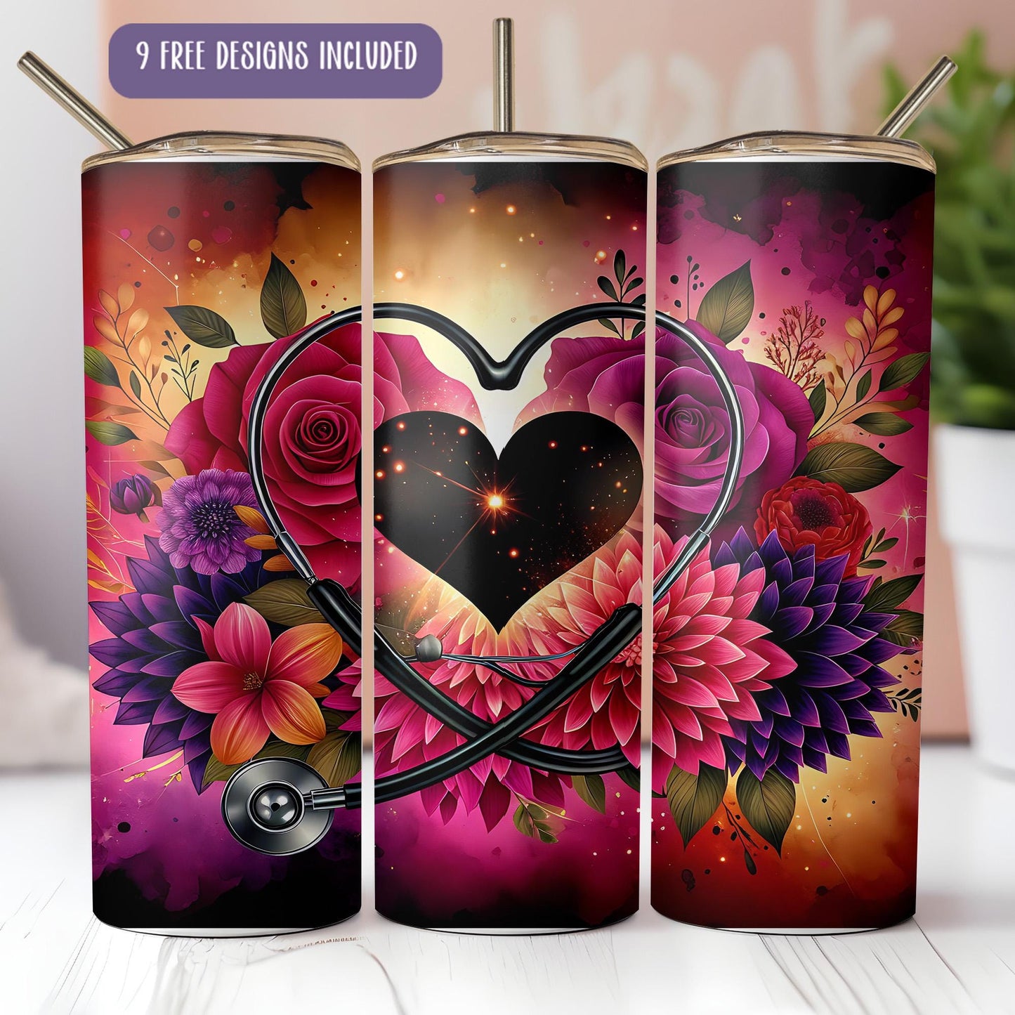 a set of three tumbles with a heart and flowers on them