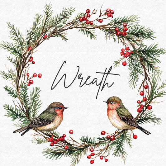 Winter Wreath with Birds Clipart Single