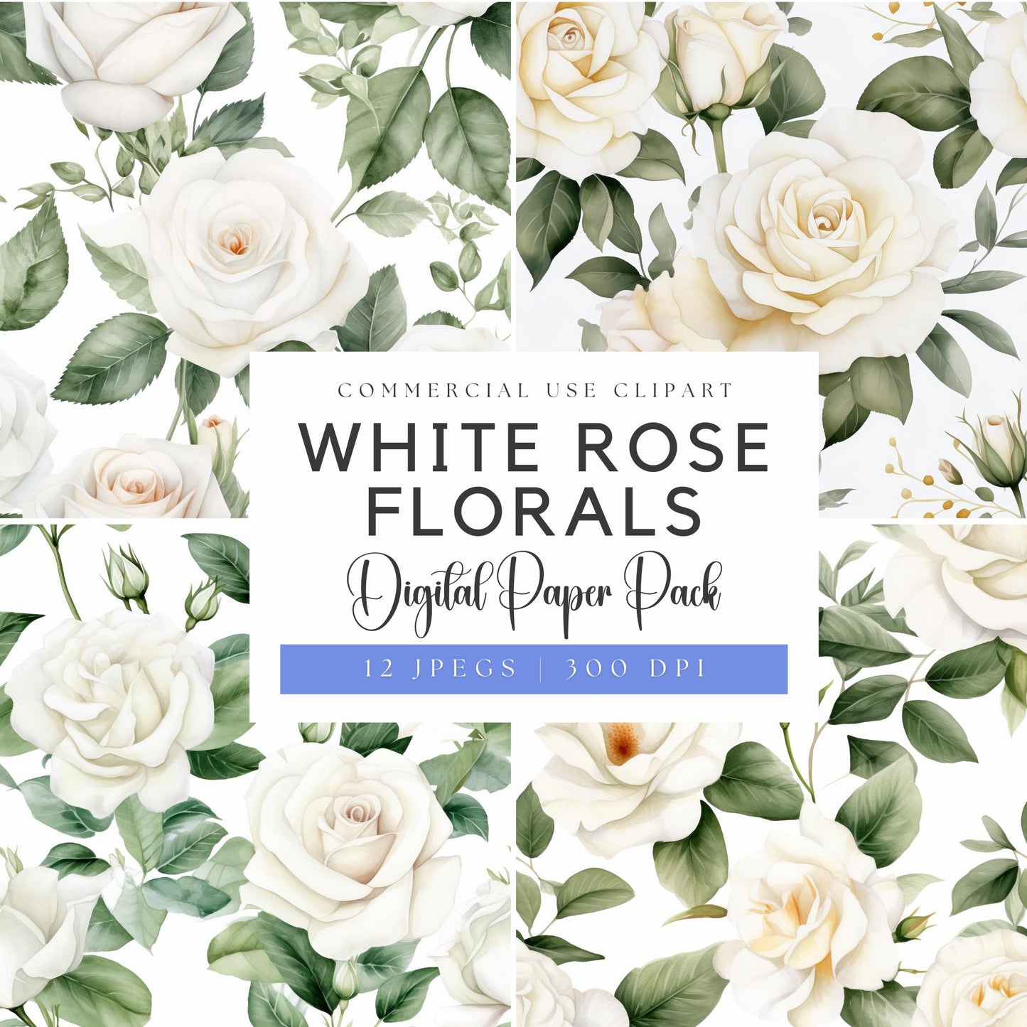 Papeles digitales de rosas blancas y vegetación