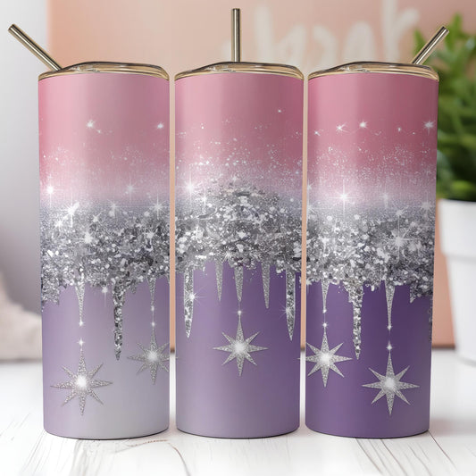 three pink and purple tumbles with silver stars on them