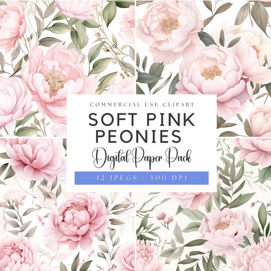Watercolor Soft Pink Peony Floral Digital Papers