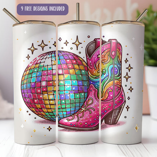 a pair of colorful boots and a disco ball on a white background