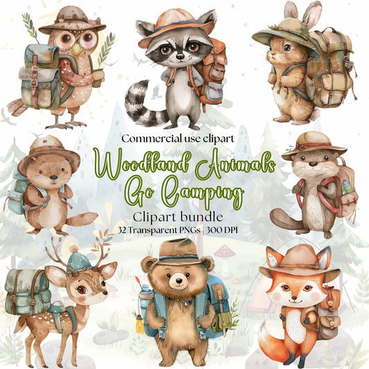 Watercolor Woodland animals go camping clipart