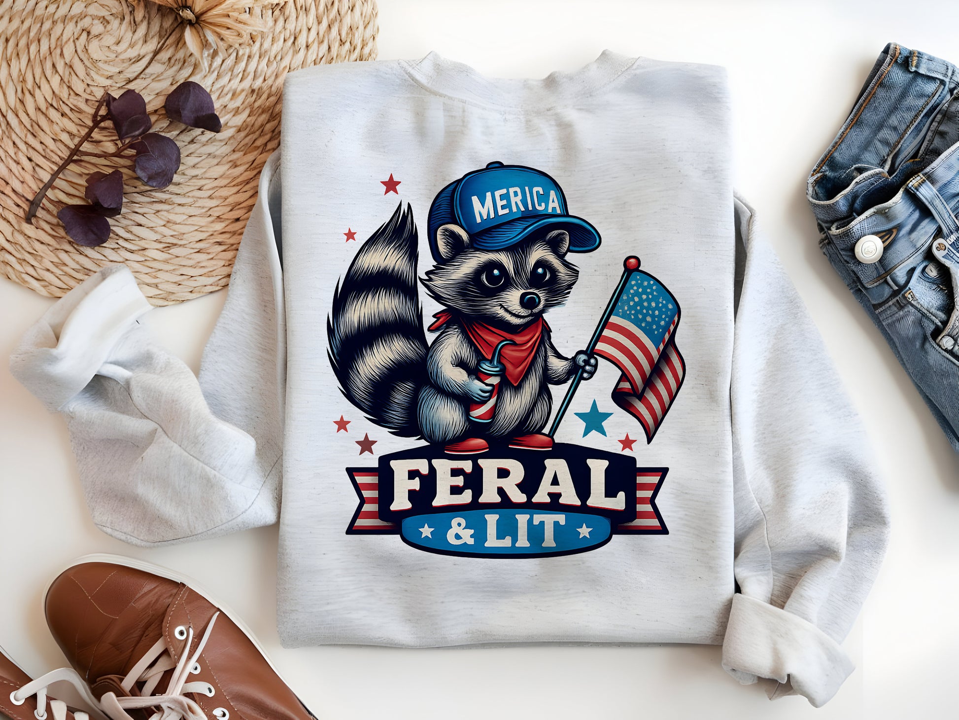 a shirt with a raccoon holding a flag