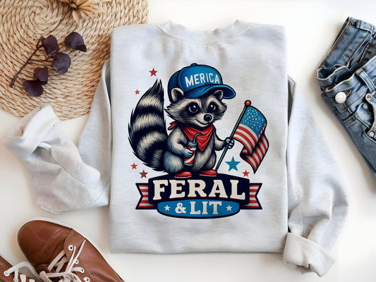 a shirt with a raccoon holding a flag