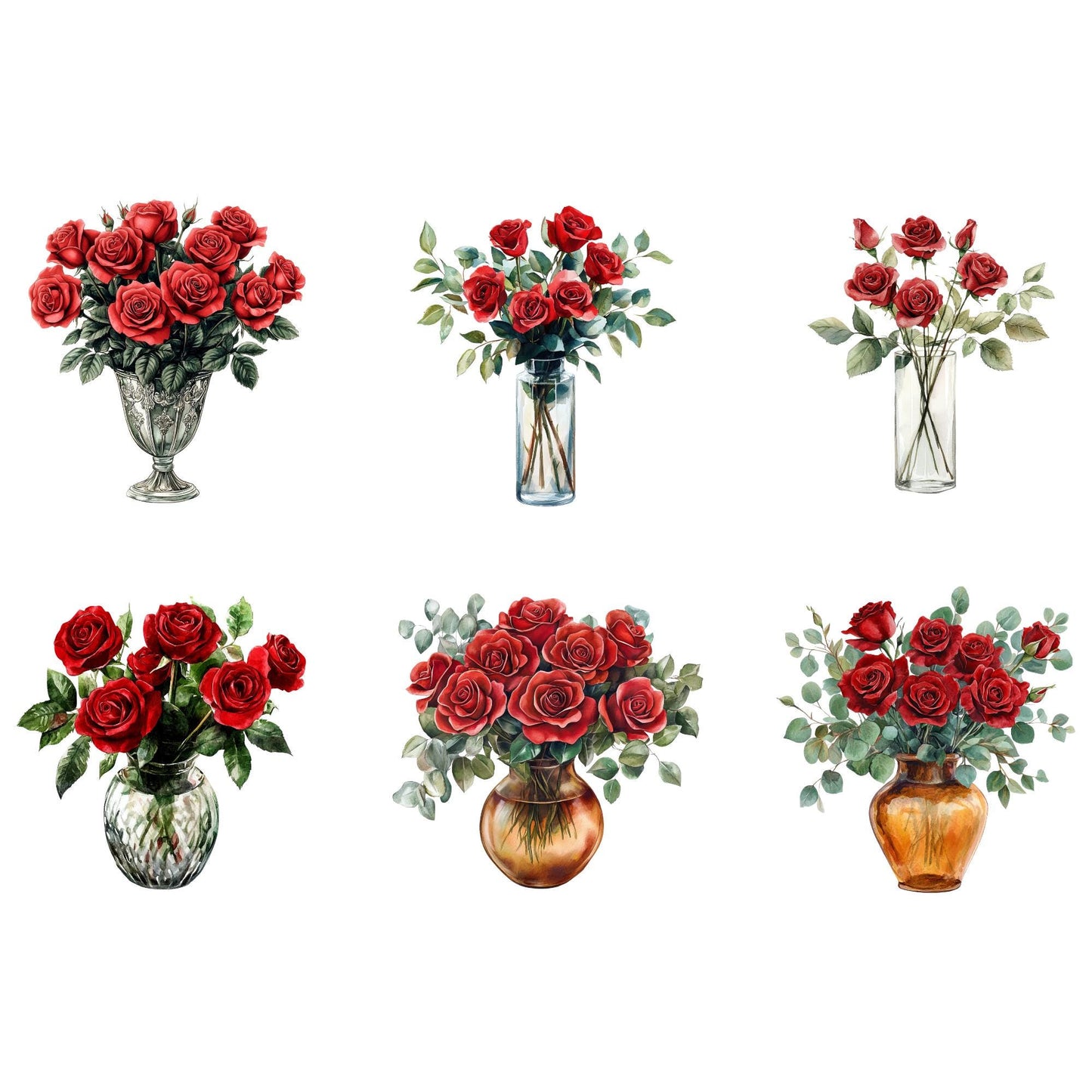 Watercolor Red Rose Vase Clipart
