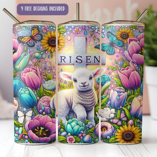 a picture of a lamb in a field of flowers