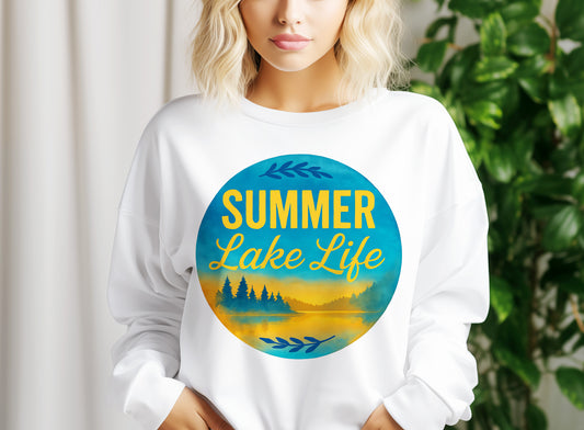 a woman wearing a white sweatshirt with the words summer like life printed on it