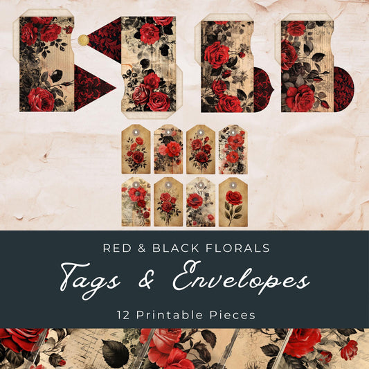 Red and Black Floral Junk Journal Tags and Envelopes