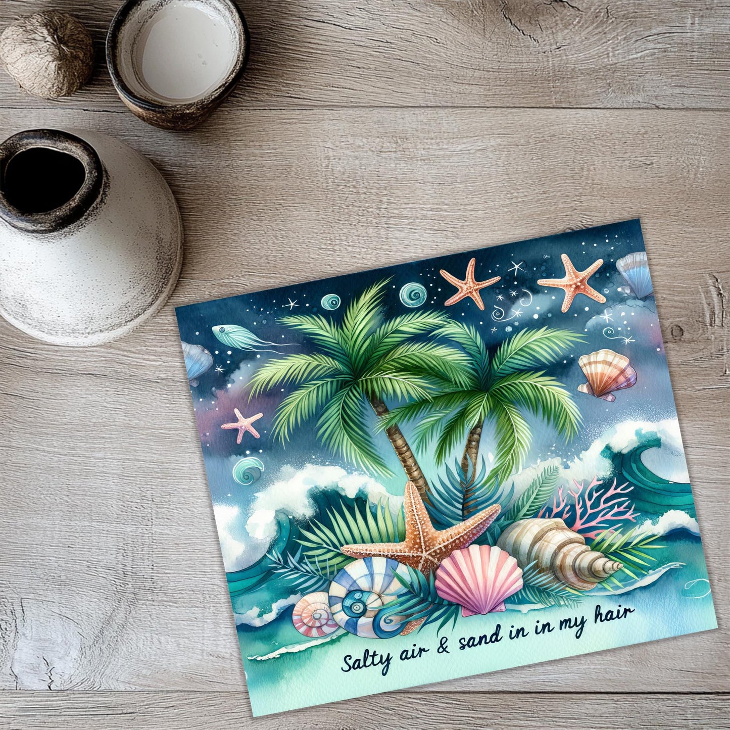 a painting of a beach scene with a palm tree and seashells