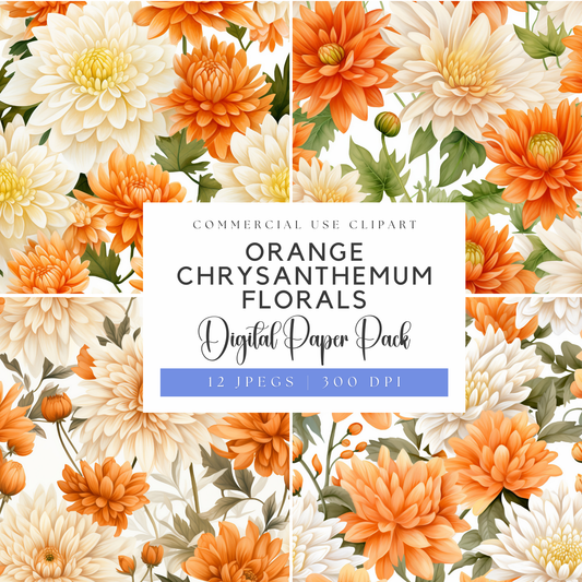orange chrysanthemum florals digital paper pack