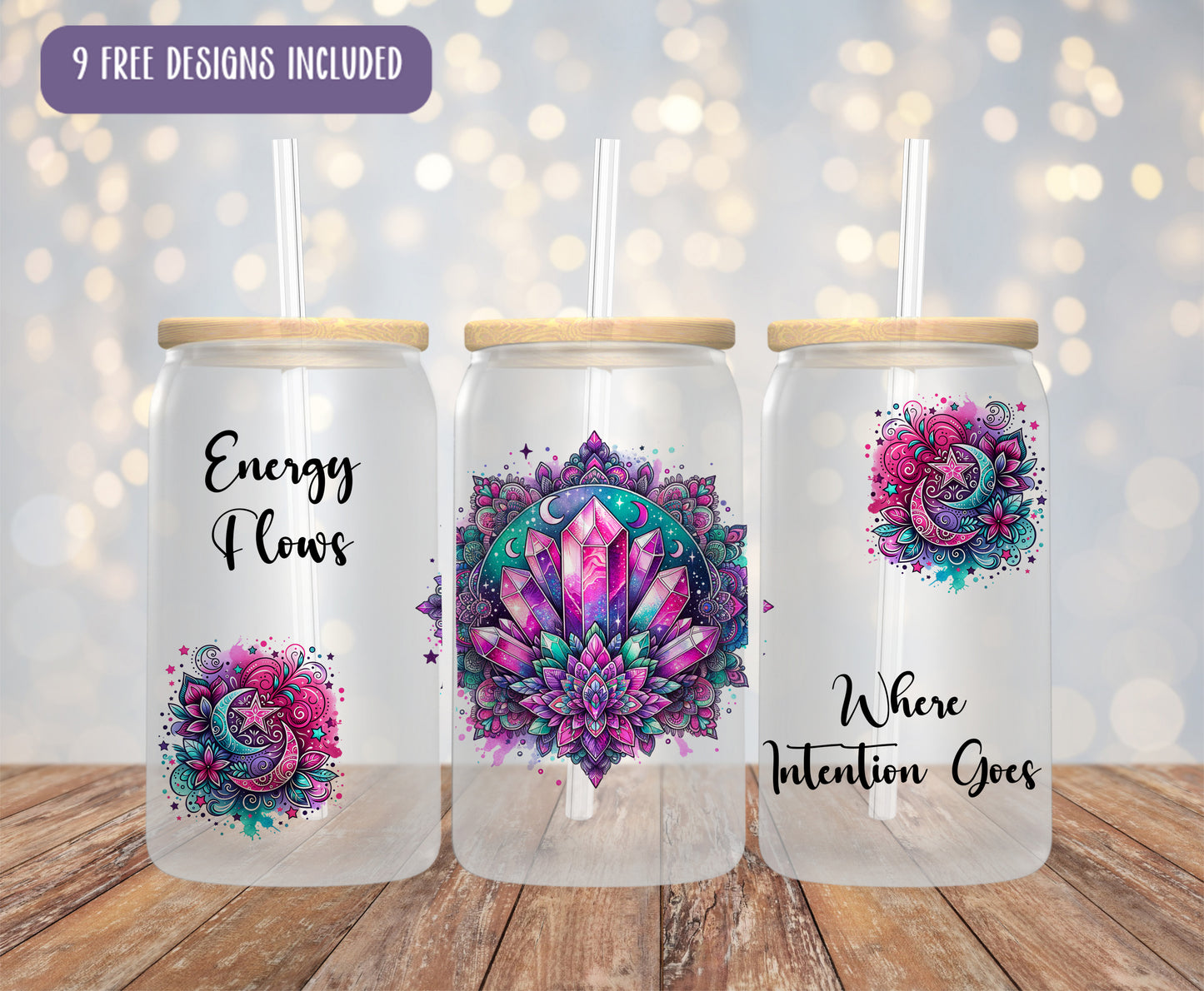 three mason jars with different designs on them