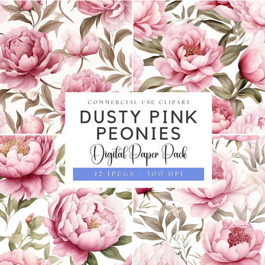 Watercolor Dusty Pink Peony Digital Papers