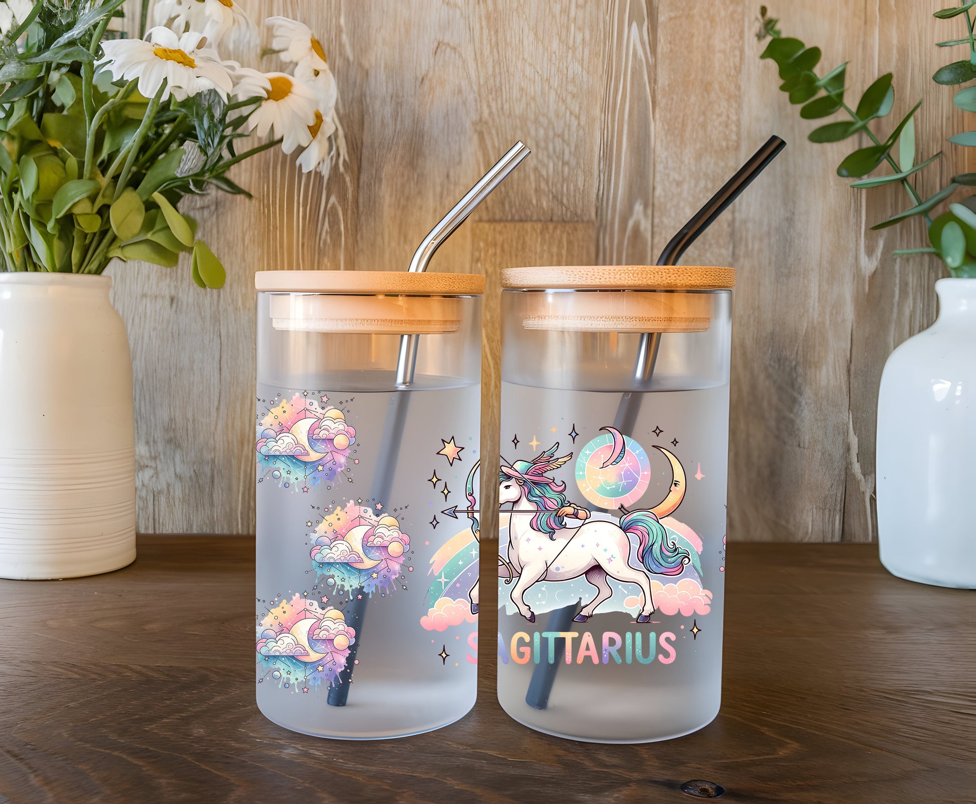 a couple of cups sitting on top of a wooden table