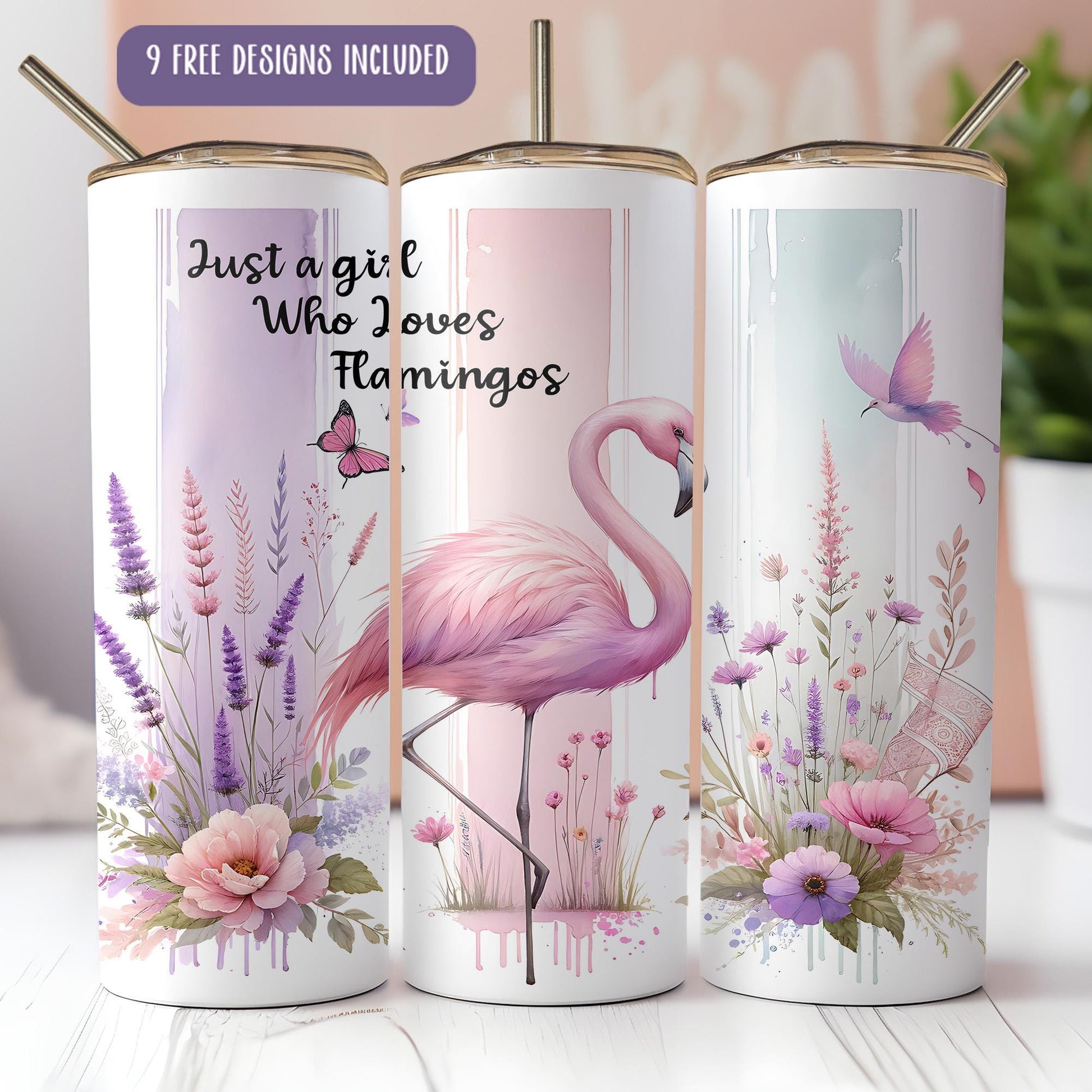 three pink flamingos with flowers and butterflies on them