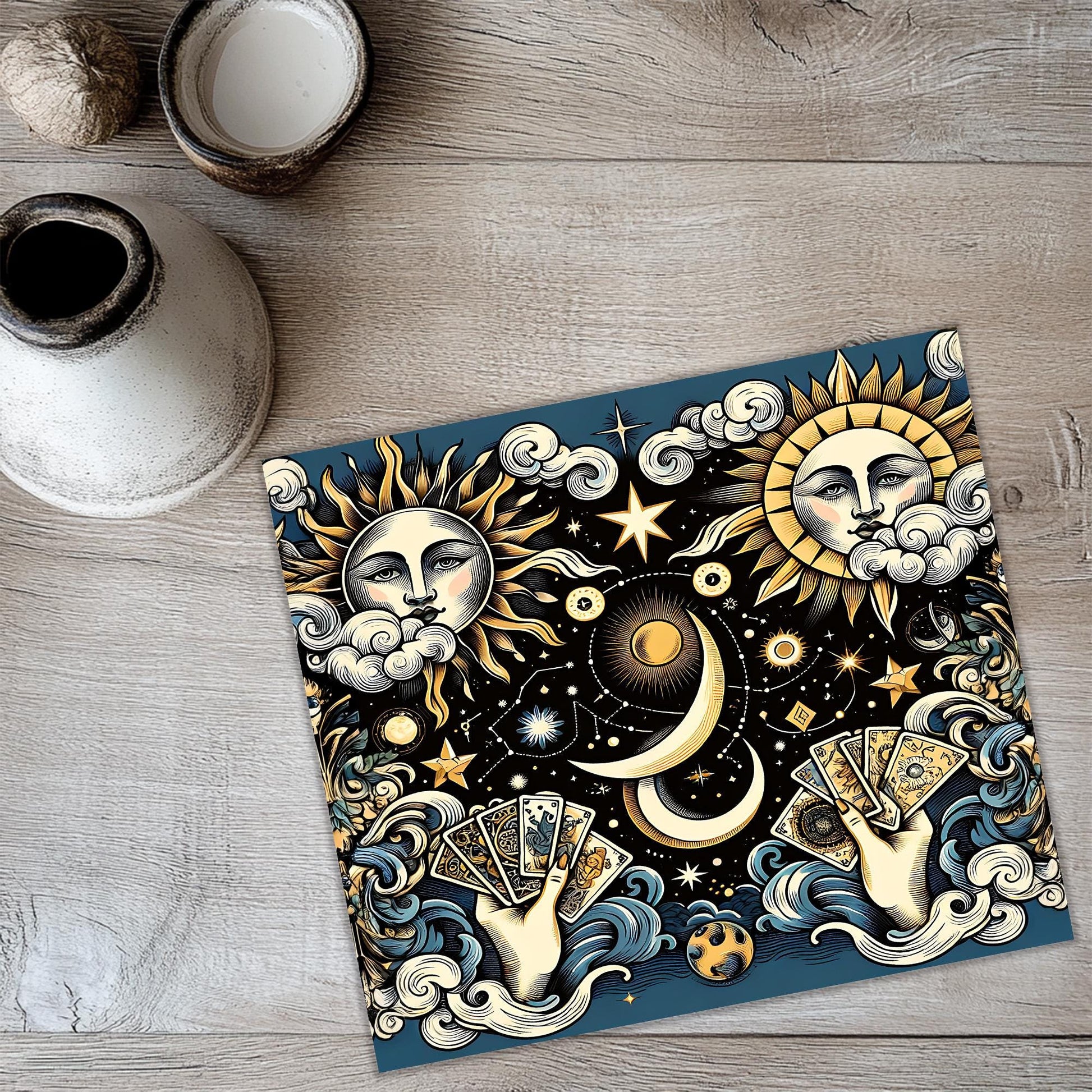 a picture of a sun and moon on a table