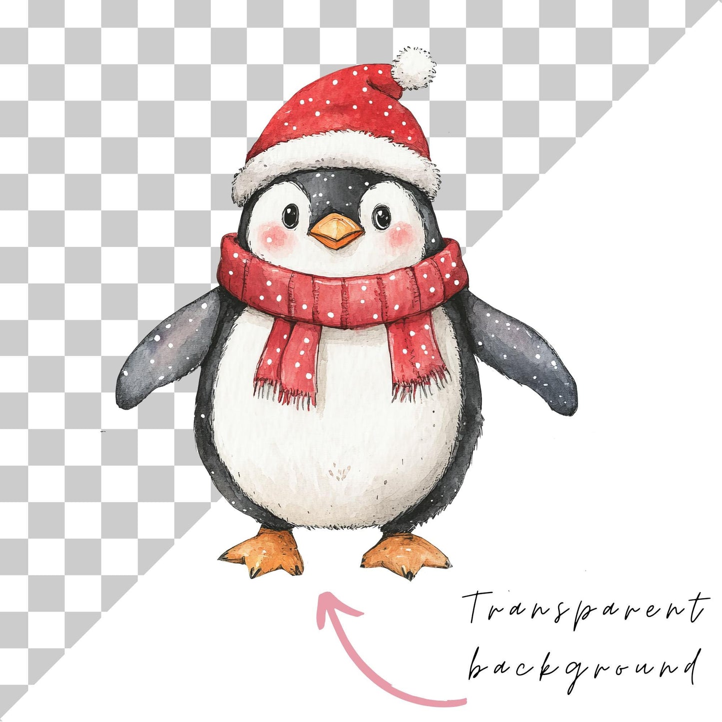 Clipart de pingüino navideño en acuarela