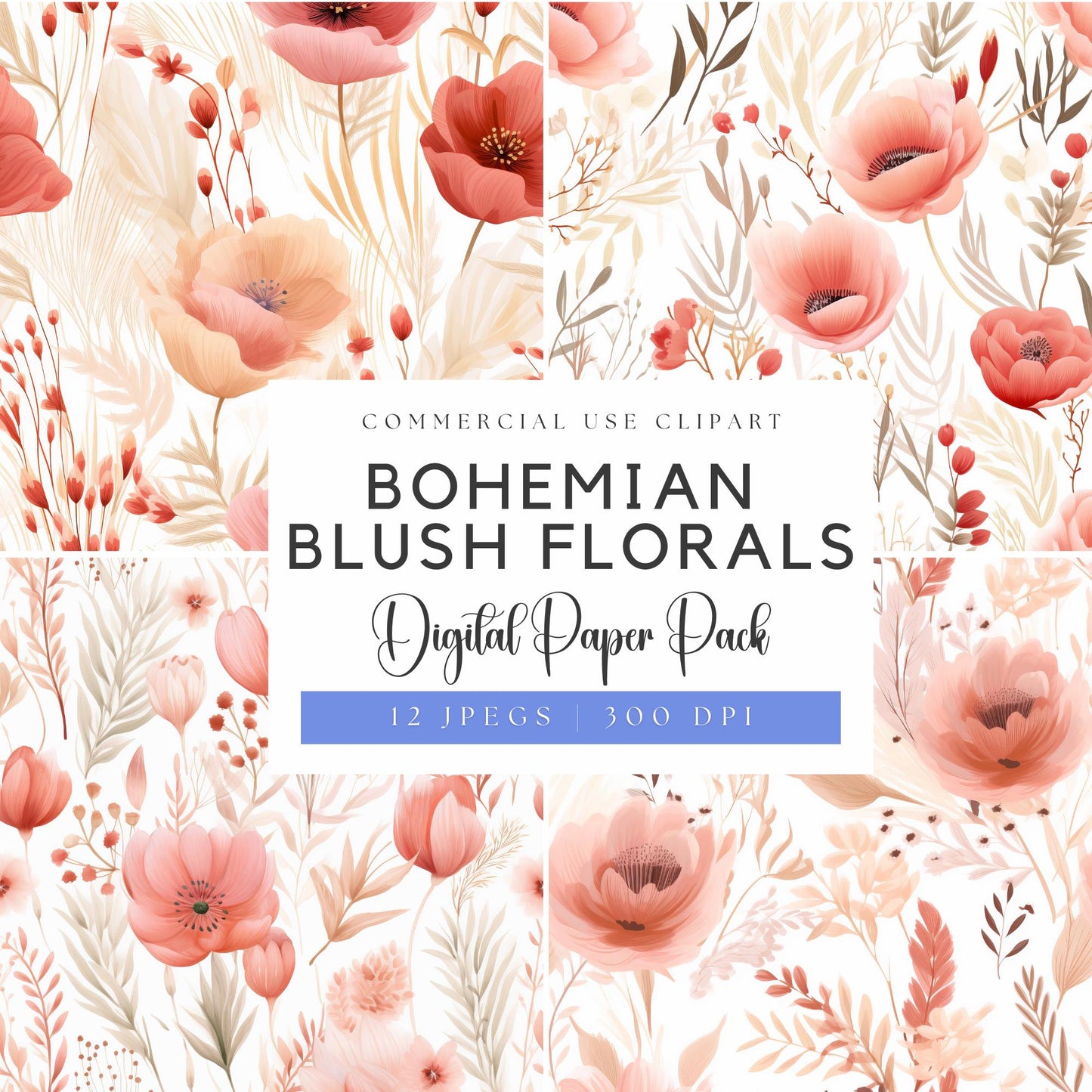 Watercolor Bohemian Blush Floral Digital Papers