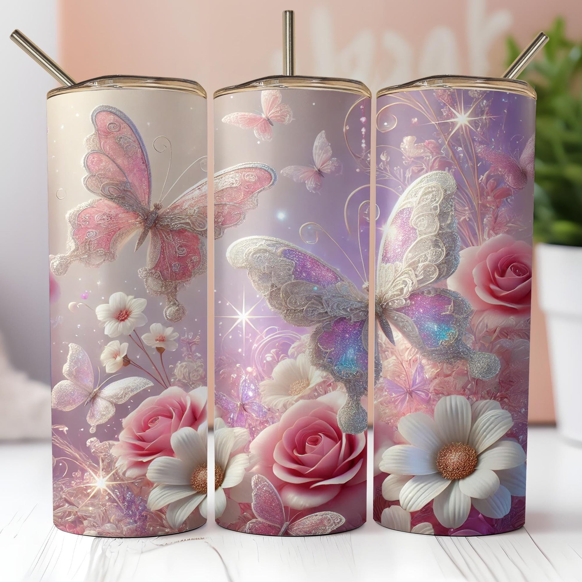 a set of three vases with butterflies and flowers on them