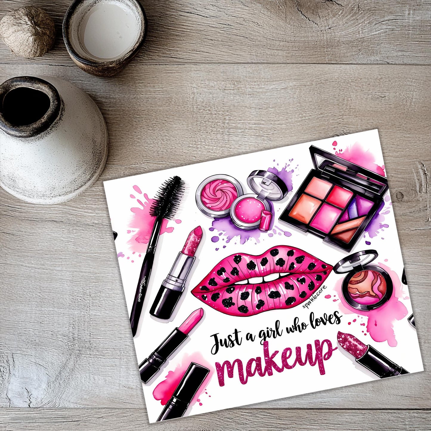 a card with a picture of makeup on it