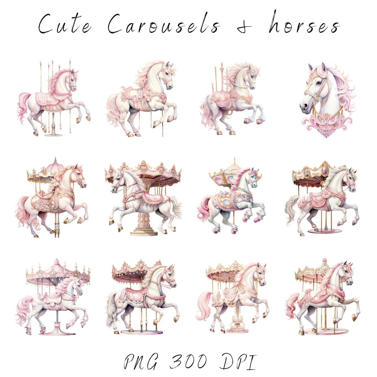 Watercolor Soft Pink Horse & Carousel