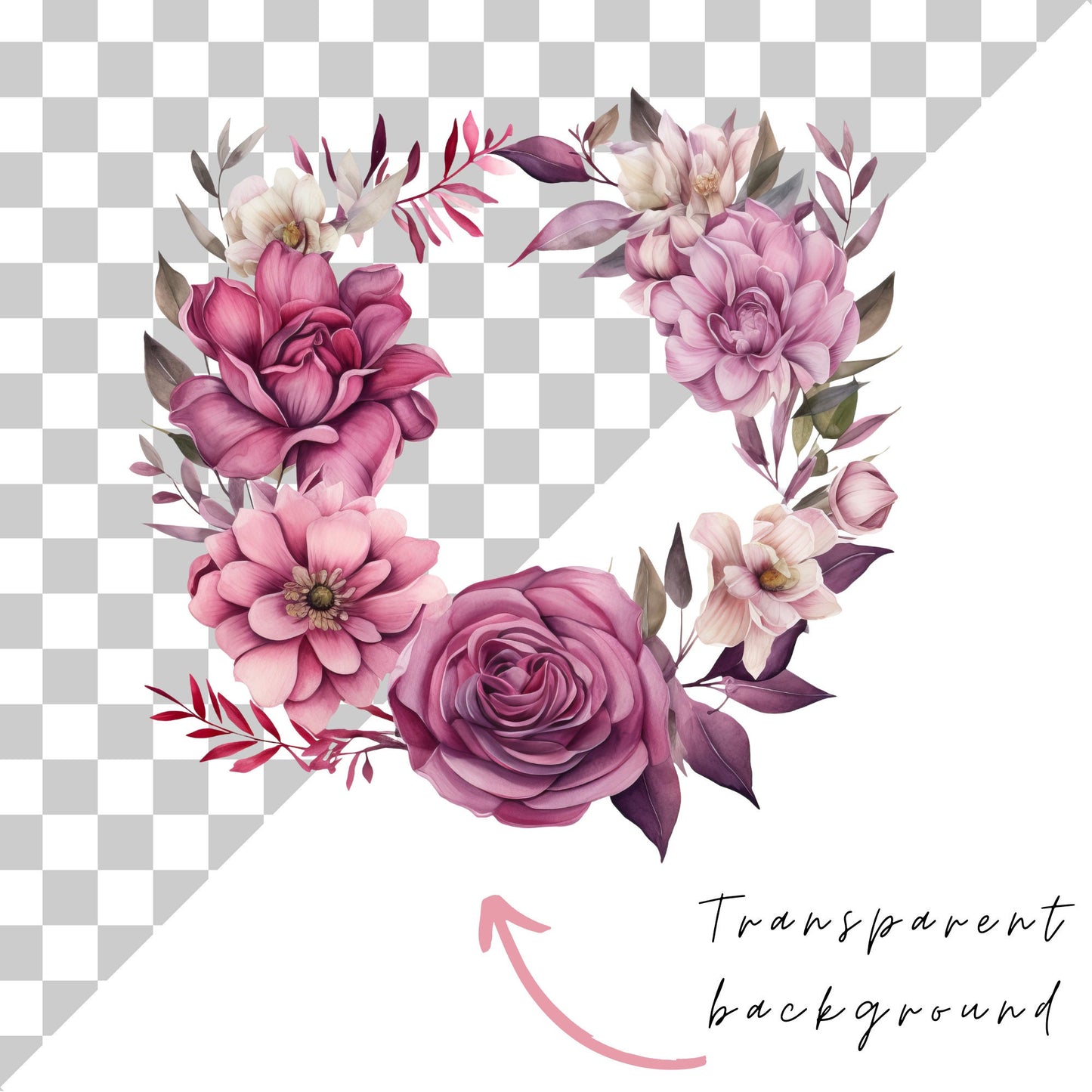 Watercolor Dark Pink and Purple Floral Clipart