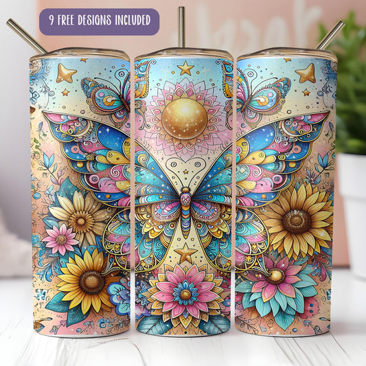 a set of three colorful butterfly can coolers