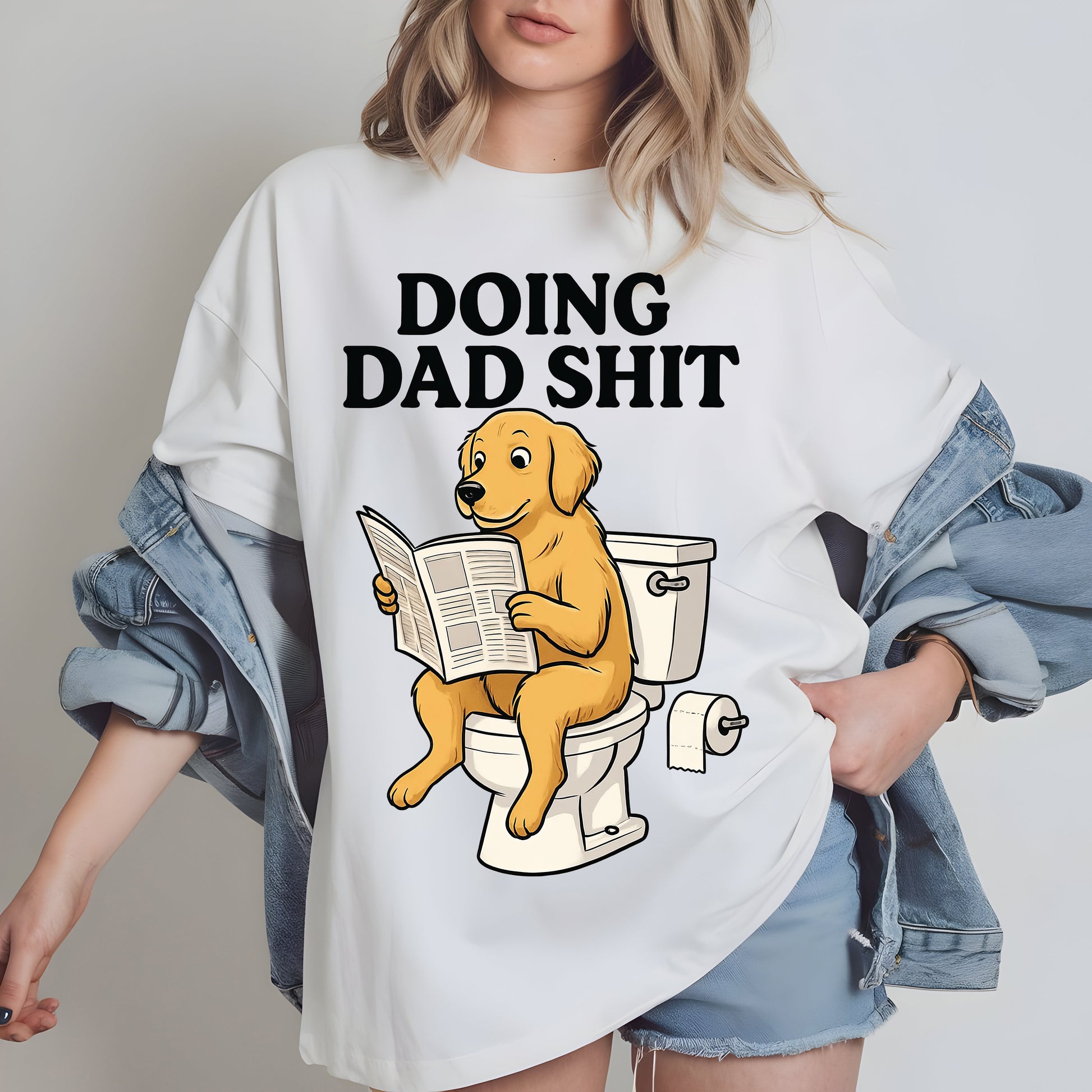 a woman wearing a t - shirt that reads doing dad shit