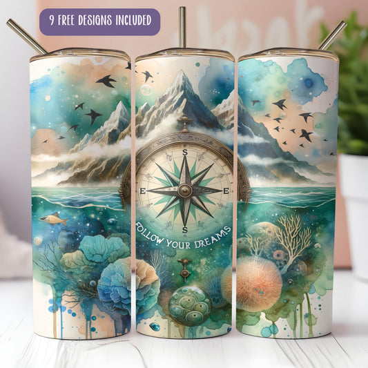 a set of three travel mugs with a painting on them