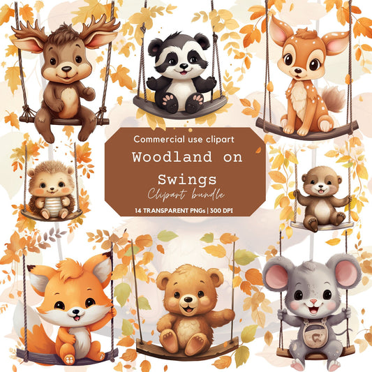 Watercolor Woodland animals on Swings Clipart