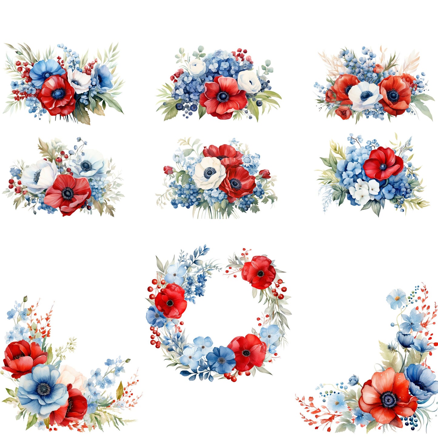 Clipart floral de acuarela del 4 de julio