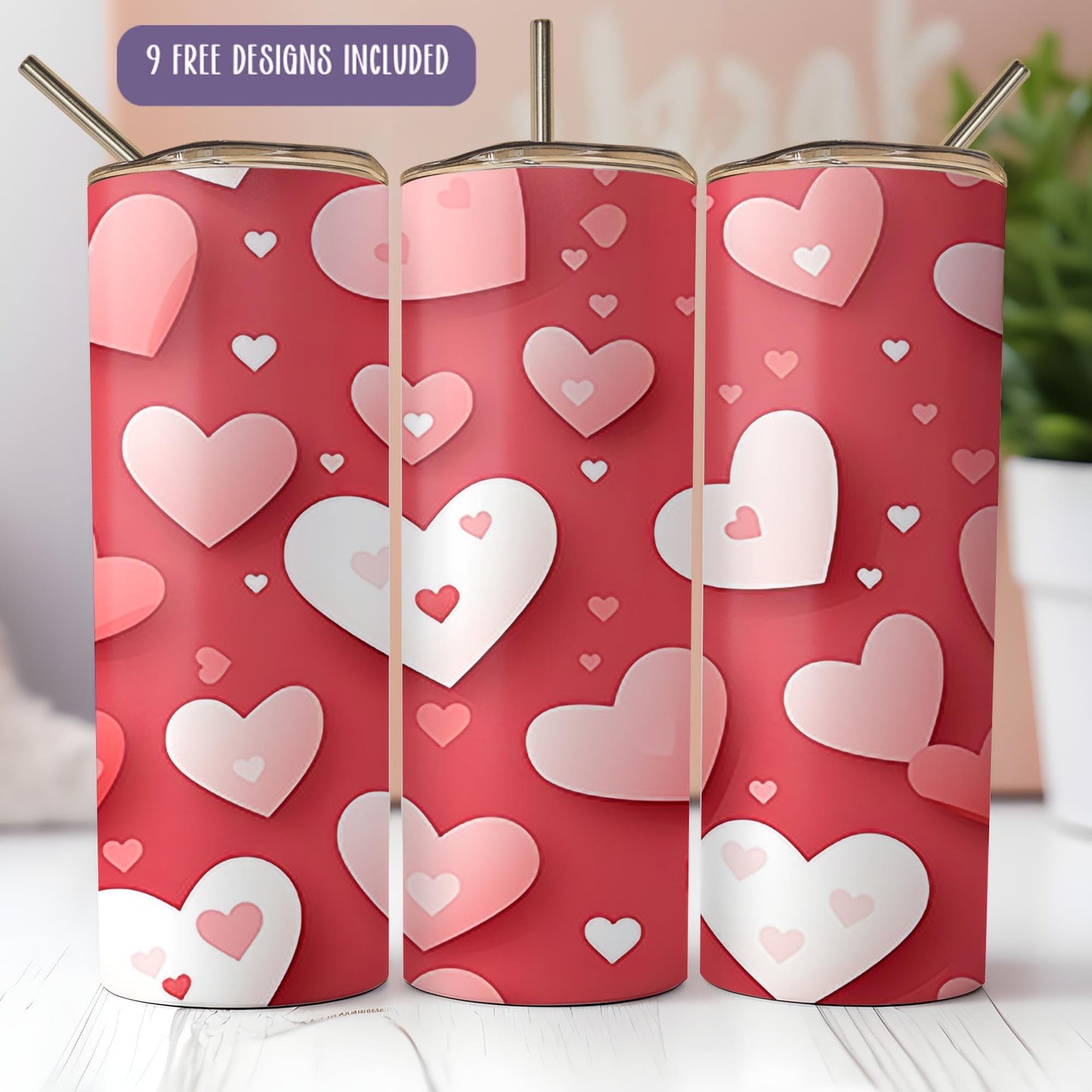 a set of three paper cups with hearts on them