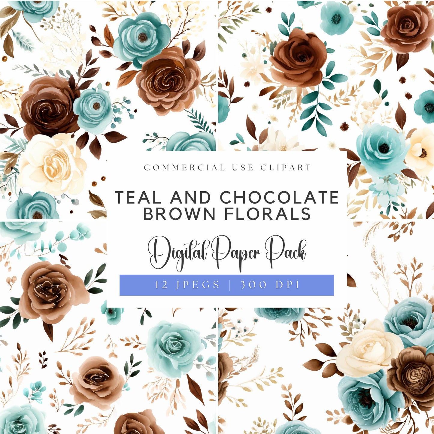 Papeles digitales florales en tonos verde azulado y marrón chocolate