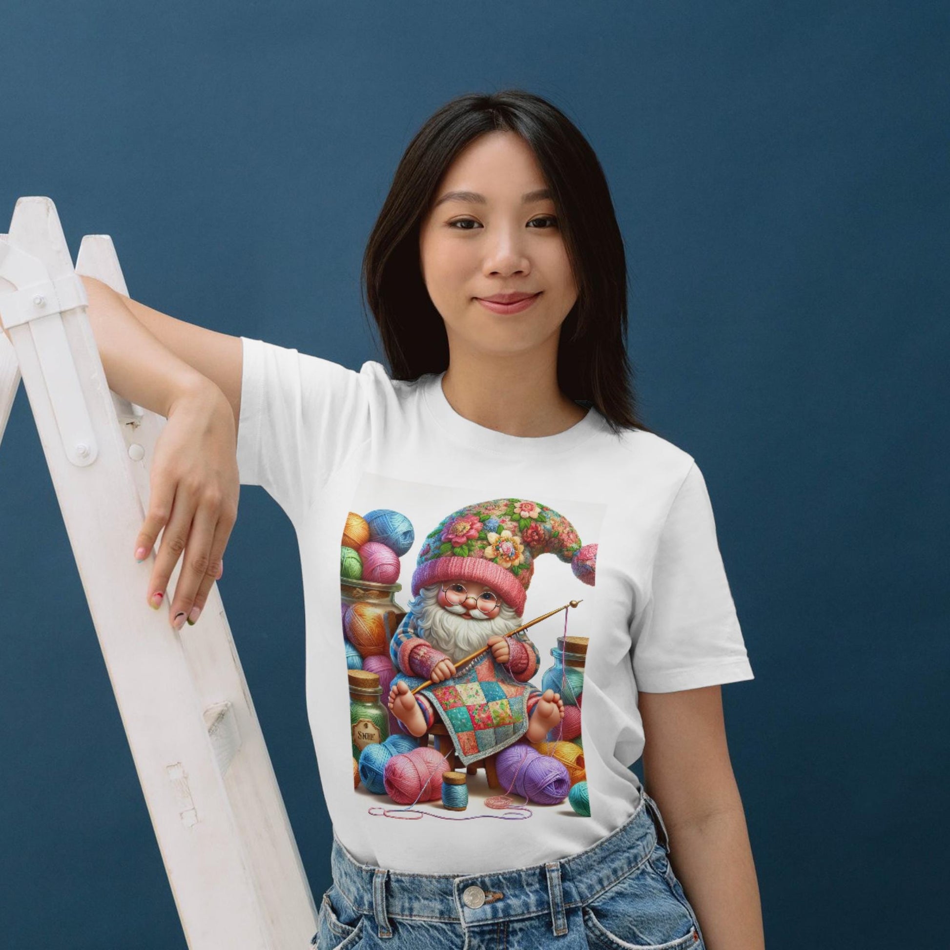 a woman wearing a t - shirt with a picture of a clown on it