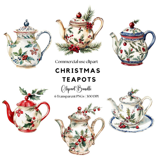 Watercolor Christmas Teapot Clipart