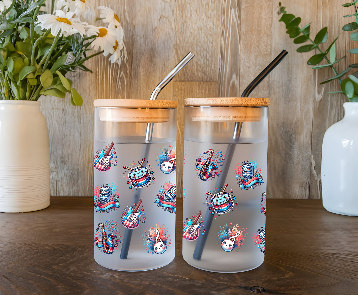 a couple of cups sitting on top of a wooden table