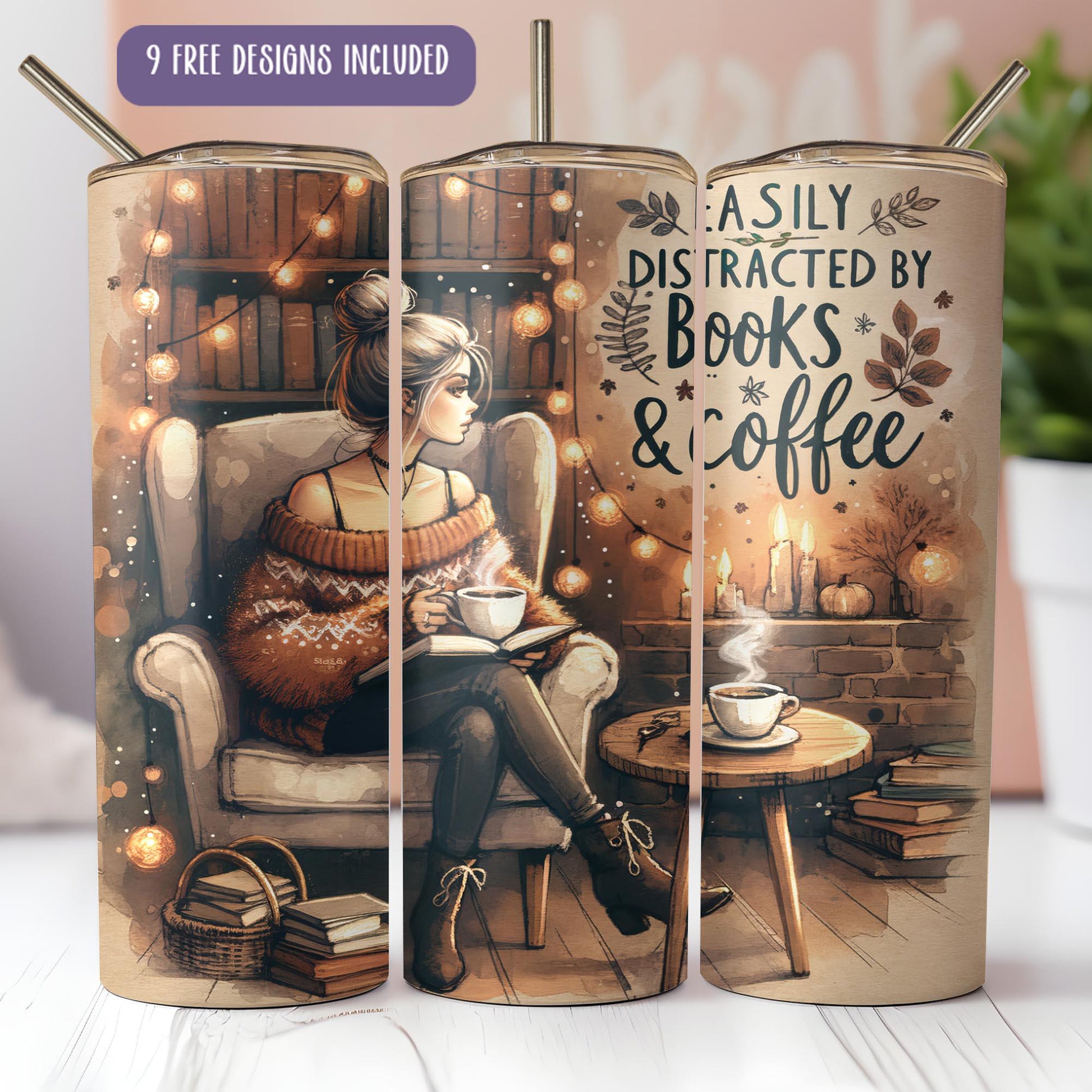 a coffee cup with a picture of a woman reading a book